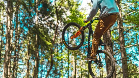 Biker fliegt durch den Wald